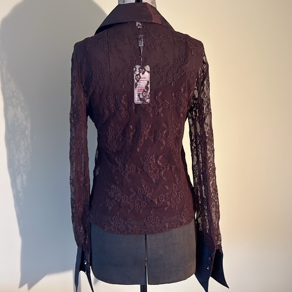 Svetlana size 10 brown polyester and lace long sleeve blouse with detached cami - Picture 5 of 17